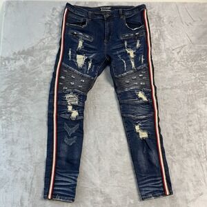 Decibel Moto Jeans Mens 38x34* Distressed Biker Denim Striped Slim Straight Zip